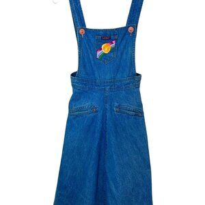 Vtg 70's Landlubber Denim Overall Jumper Dress Rainbow Embroidery Pockets Retro